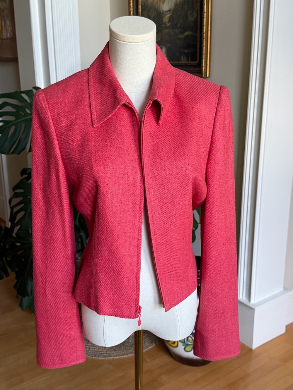 Carlisle 100% Silk Vibrant Pink Y2K Fitted Zip Jacket Size 6